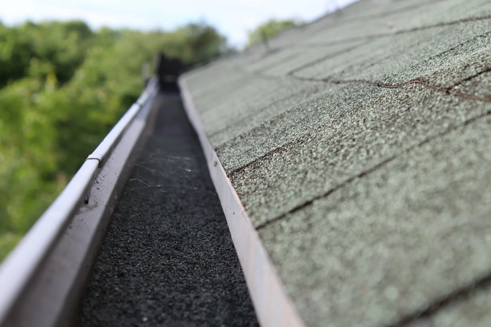 Granule loss from hail damage. Shingle material collecting in gutters